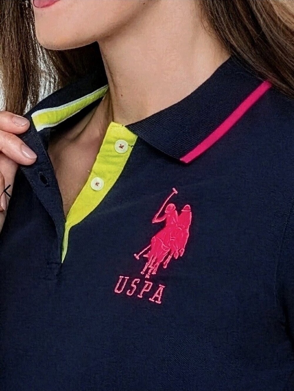NWOT U.S. Polo Assn. TRIPLE CROWN Navy Polo Mini Dress. Pink Yellow Accents Sz L